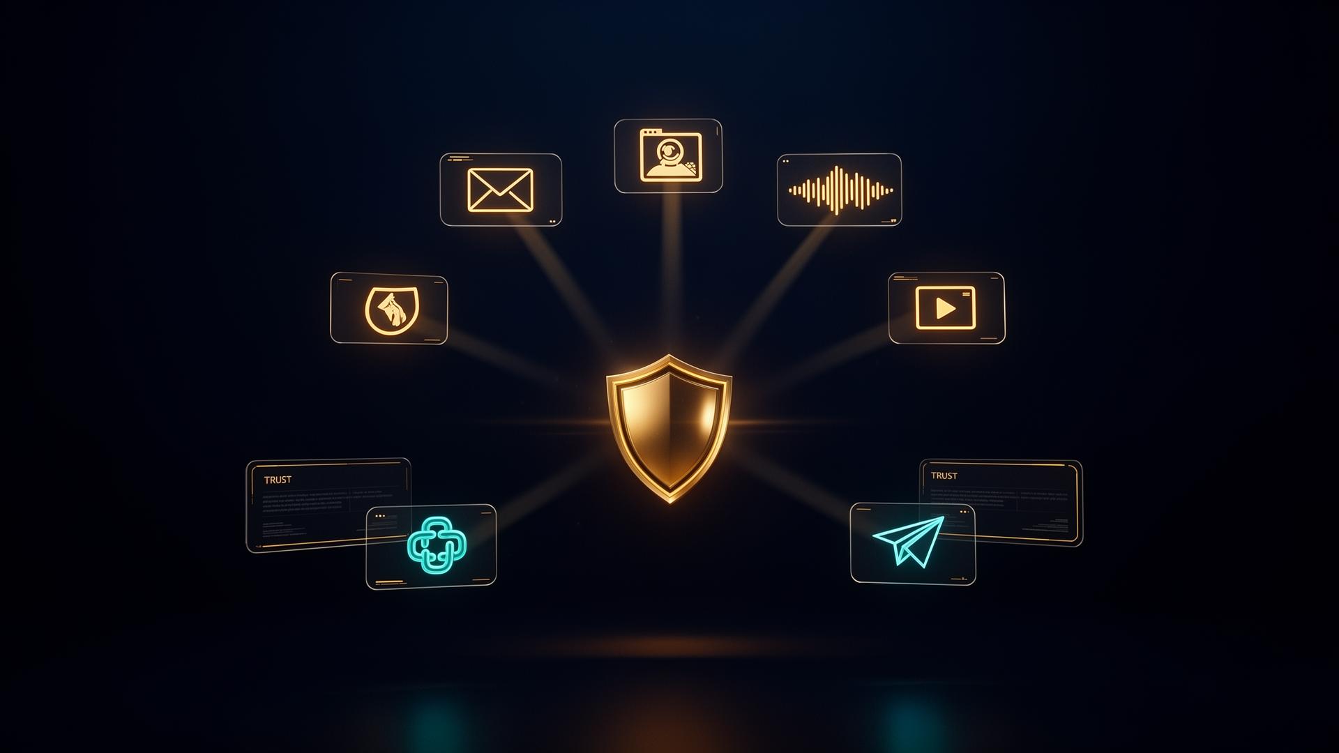 Six verification channels connected to a central trust core